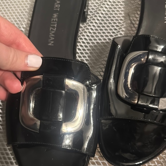 Stuart Weitzman Odeon Patent Leather Black Buckle Slide On Sandal - Picture 2 of 5